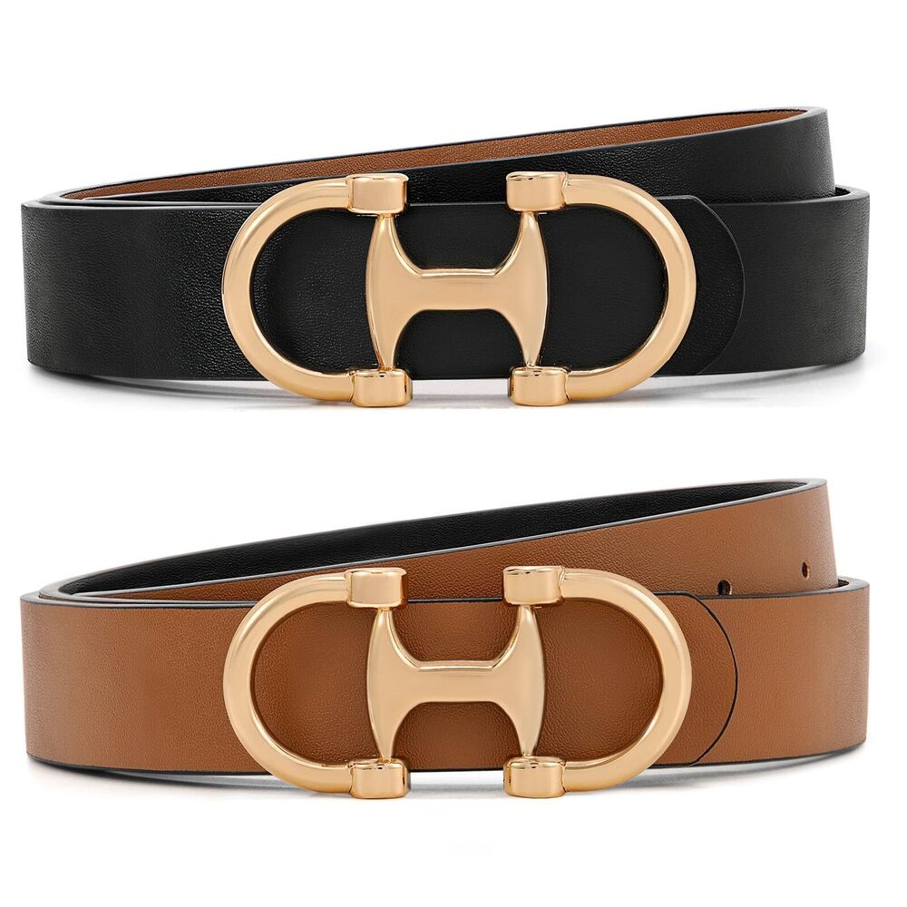 2474 Women Reversible Leather Belt Two-in-one Ladies Belts With Gold Buckle
